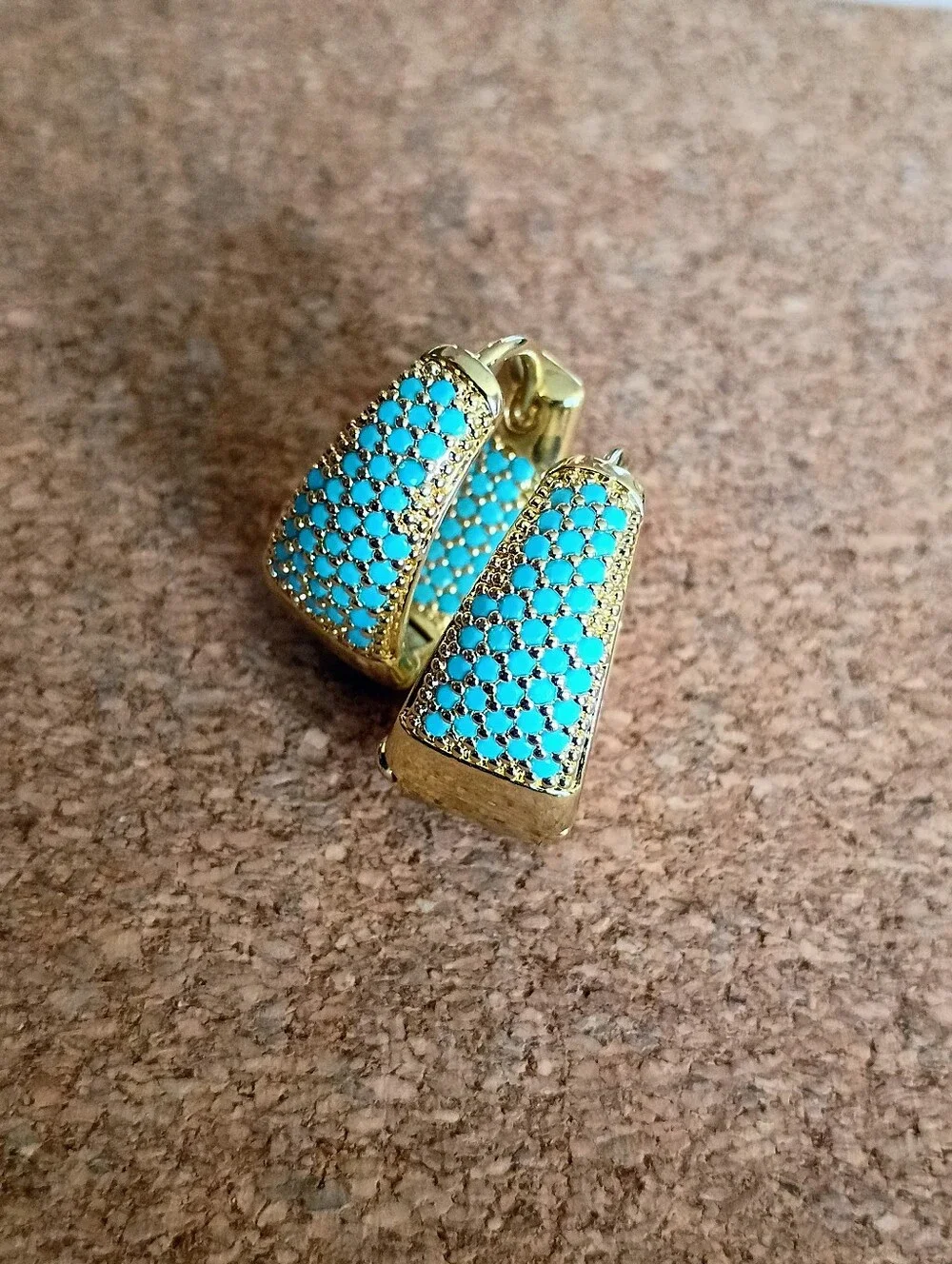 New Gold Tone Hoop Earrings with Turquoise Pave Accent